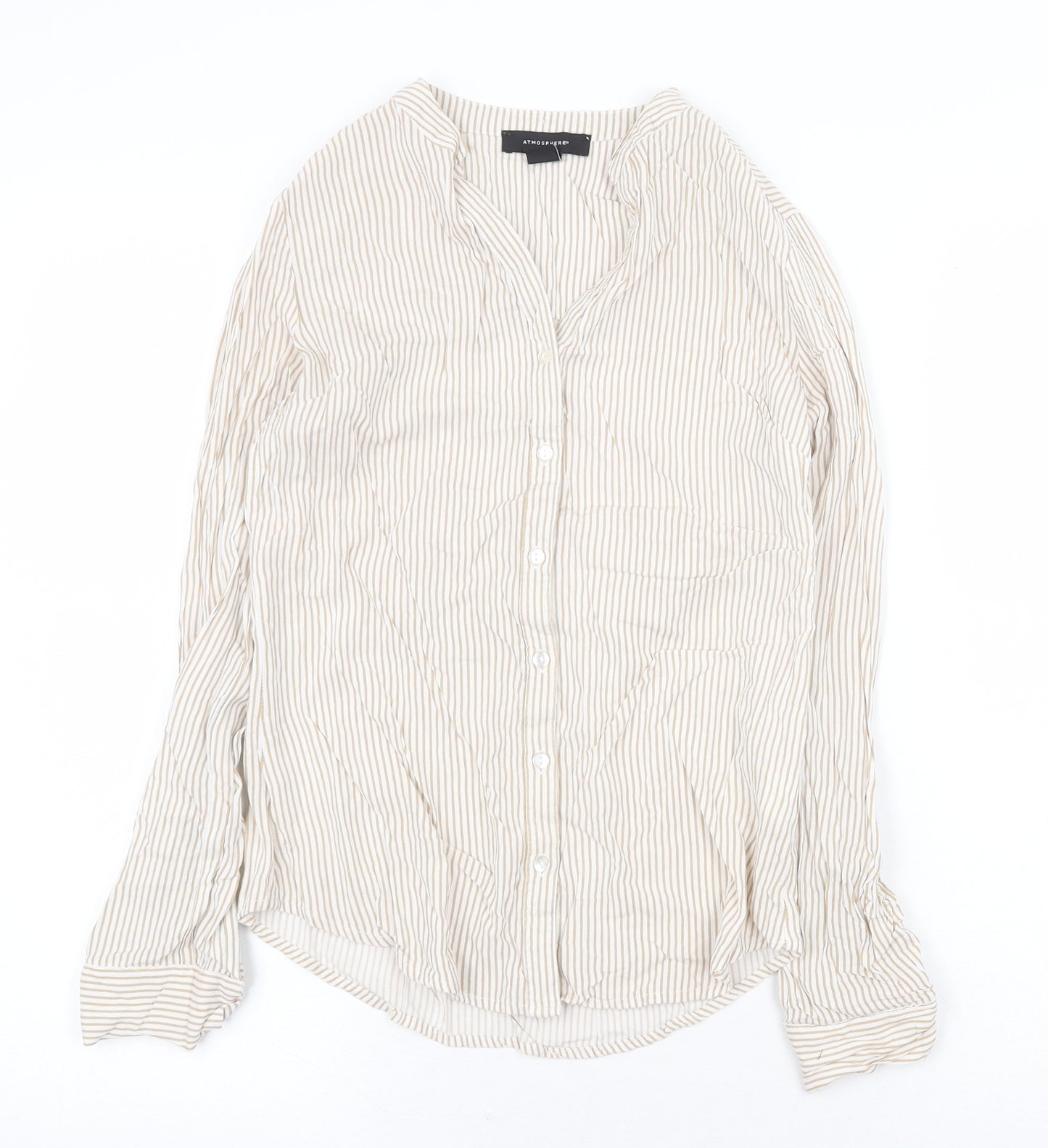 Atmosphere Womens Beige Striped Viscose Basic Blouse Size 6 V-Neck