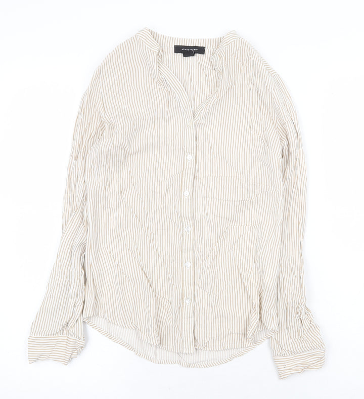 Atmosphere Womens Beige Striped Viscose Basic Blouse Size 6 V-Neck