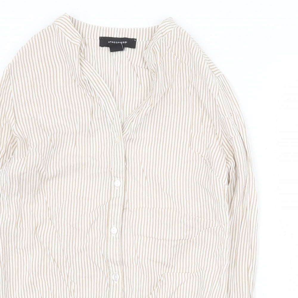 Atmosphere Womens Beige Striped Viscose Basic Blouse Size 6 V-Neck