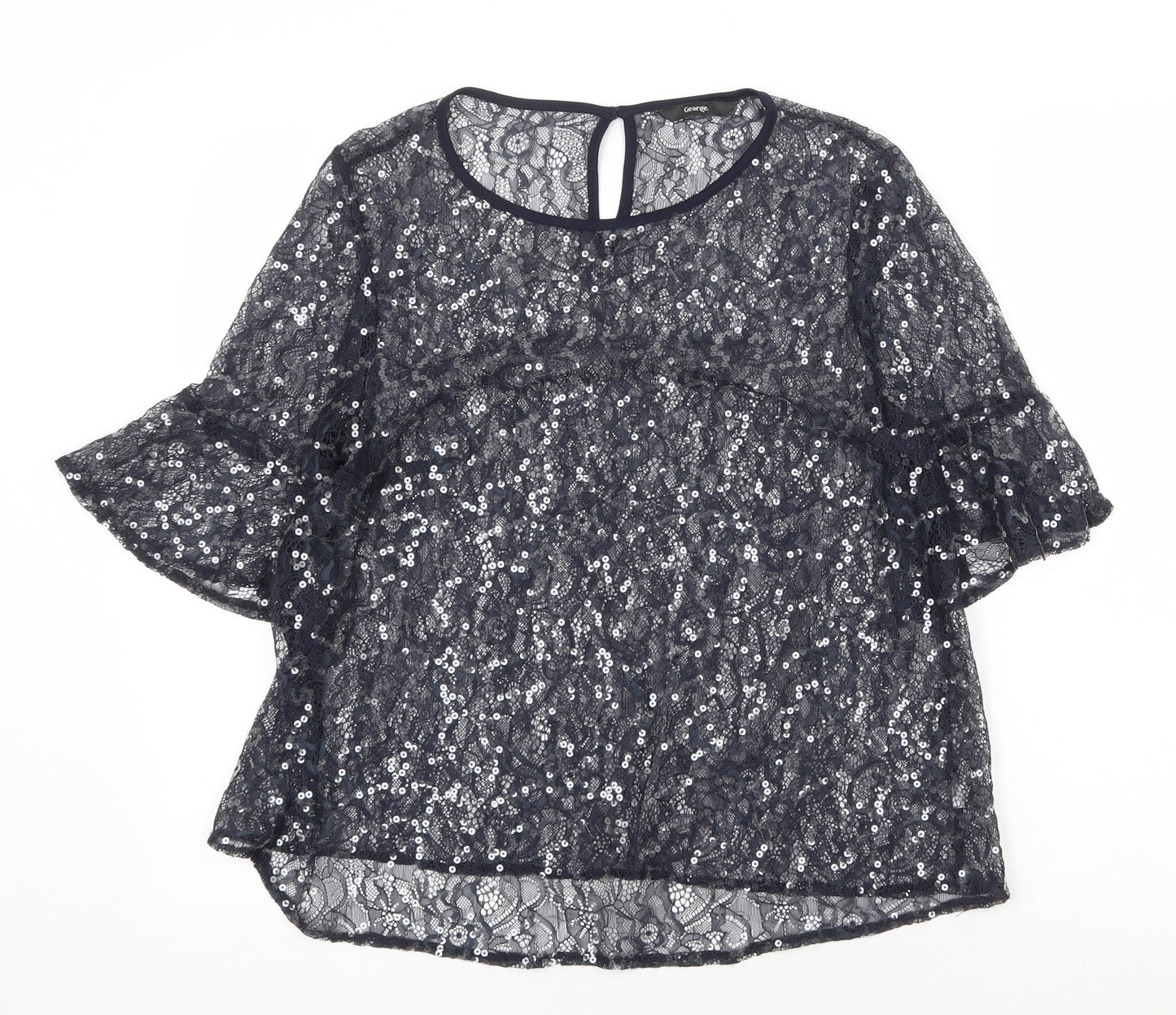 George Womens Blue Floral Polyester Basic Blouse Size L Boat Neck