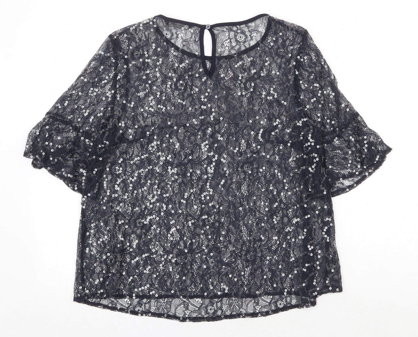 George Womens Blue Floral Polyester Basic Blouse Size L Boat Neck