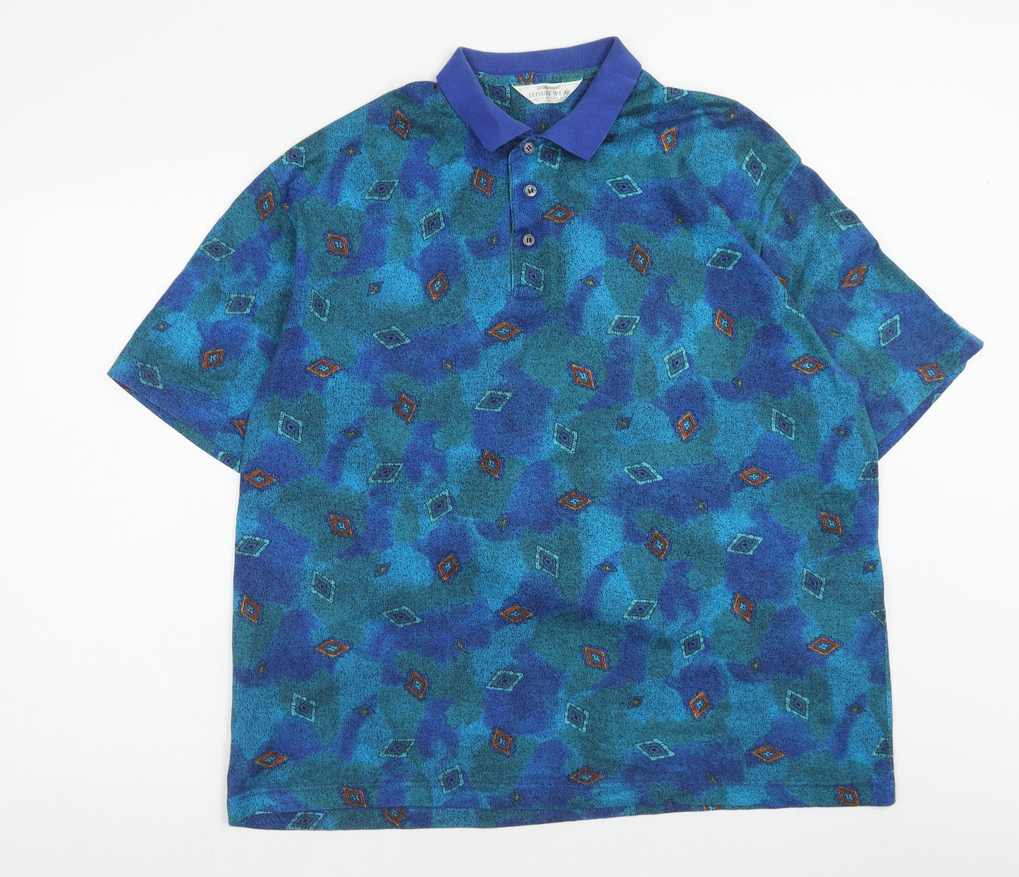 St.Michael Mens Blue Geometric Cotton Polo Size XL Collared Button