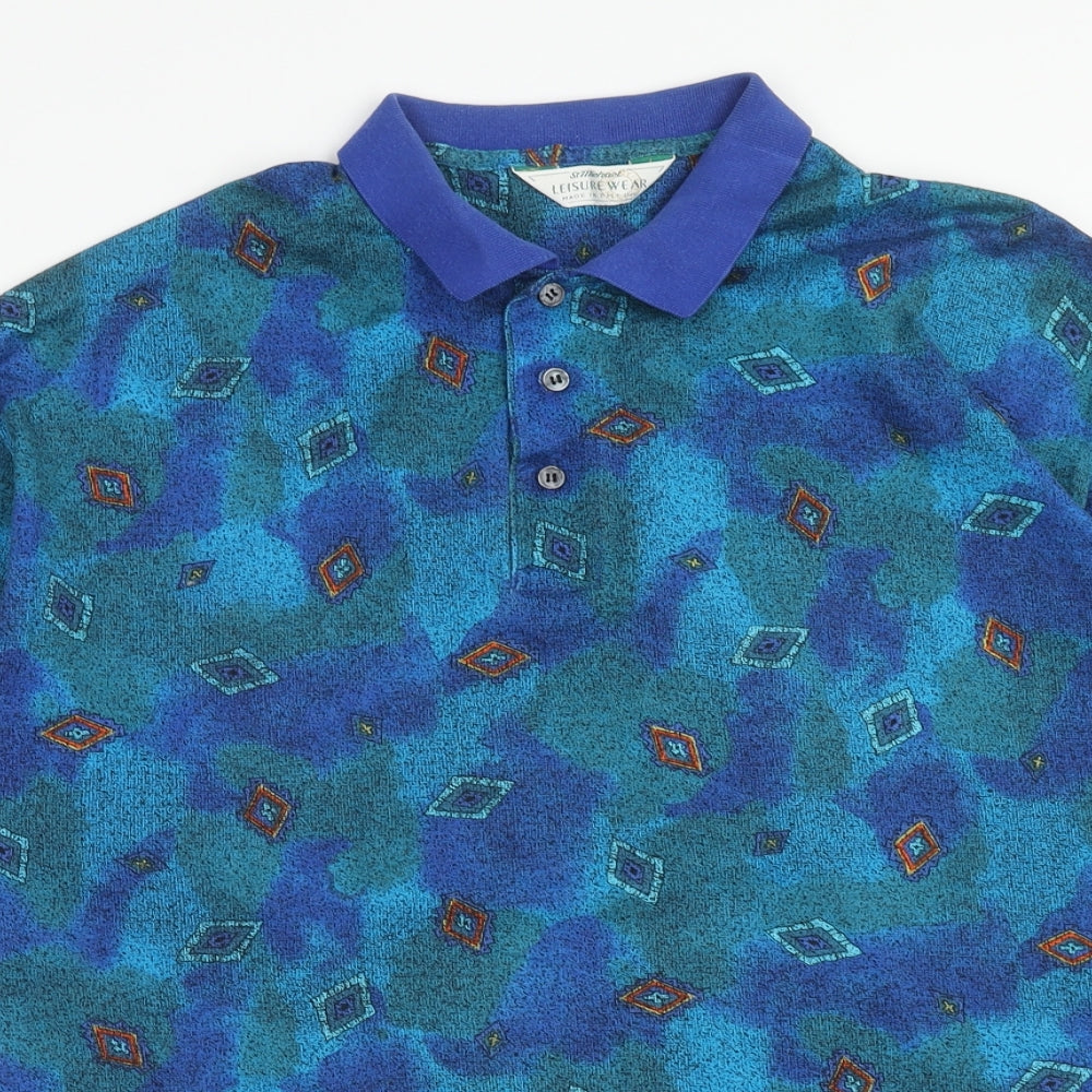 St.Michael Mens Blue Geometric Cotton Polo Size XL Collared Button