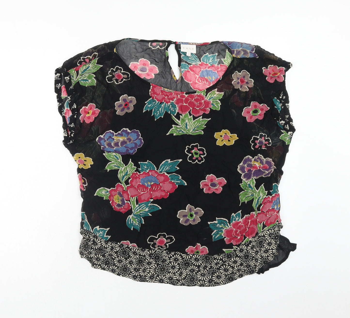 EAST Womens Black Floral Viscose Basic Blouse Size 18 Round Neck