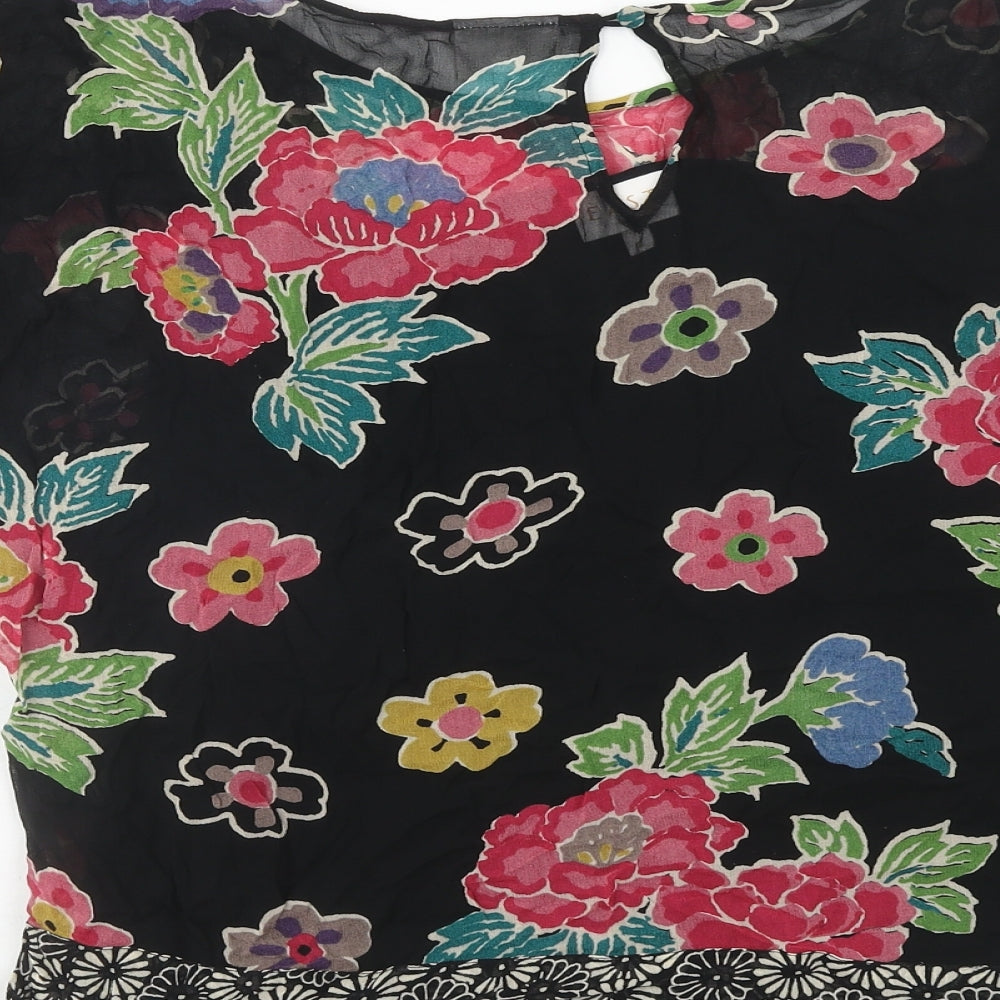 EAST Womens Black Floral Viscose Basic Blouse Size 18 Round Neck