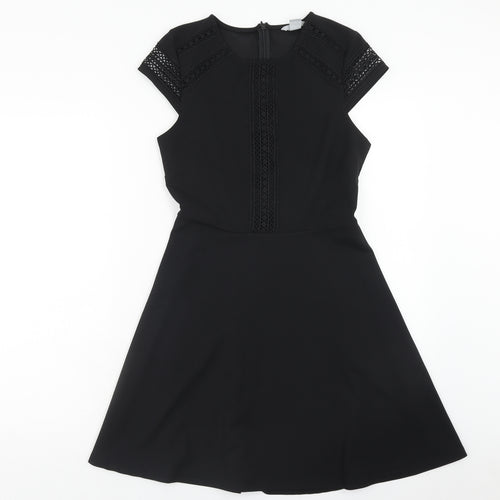 H&M Womens Black Polyester Fit & Flare Size S Round Neck Zip - Lace Detail