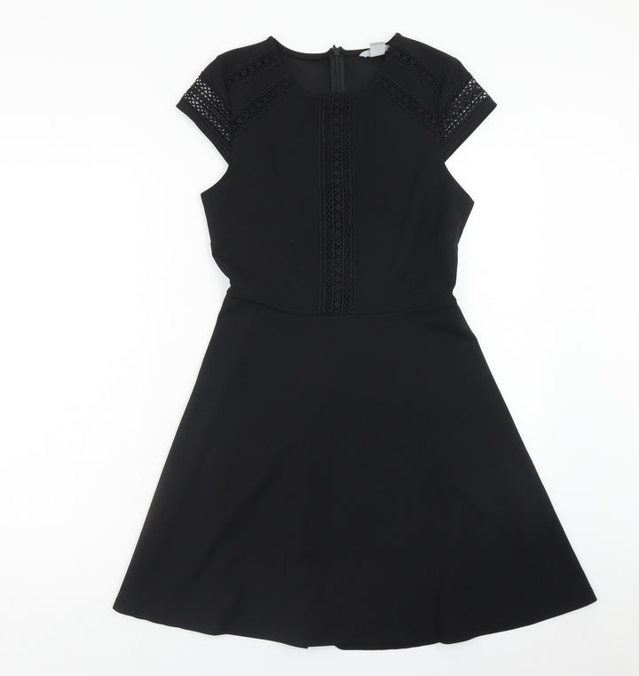 H&M Womens Black Polyester Fit & Flare Size S Round Neck Zip - Lace Detail