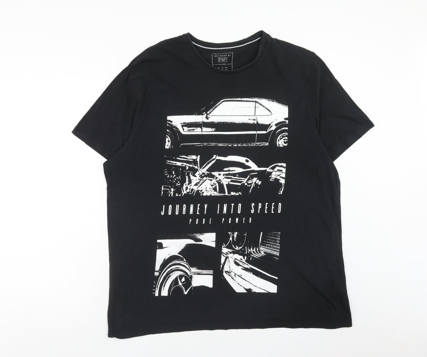 F&F Mens Black Cotton T-Shirt Size 2XL Round Neck - Journey into Speed