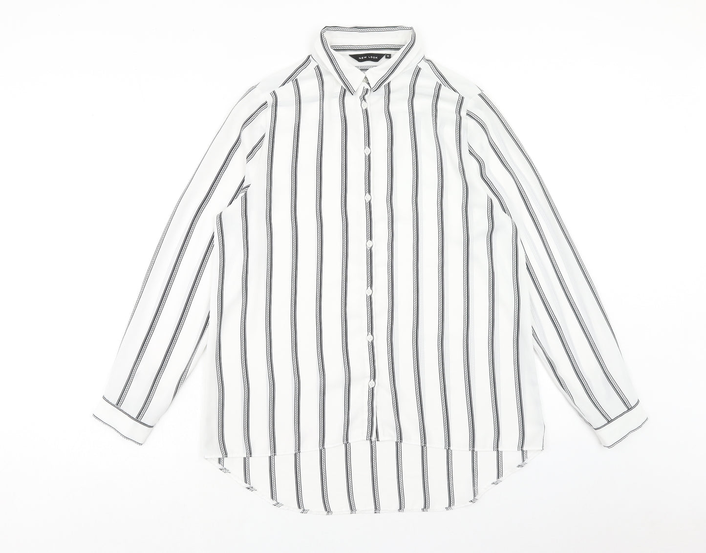 New Look Womens White Striped Polyester Basic Button-Up Size 12 Collared