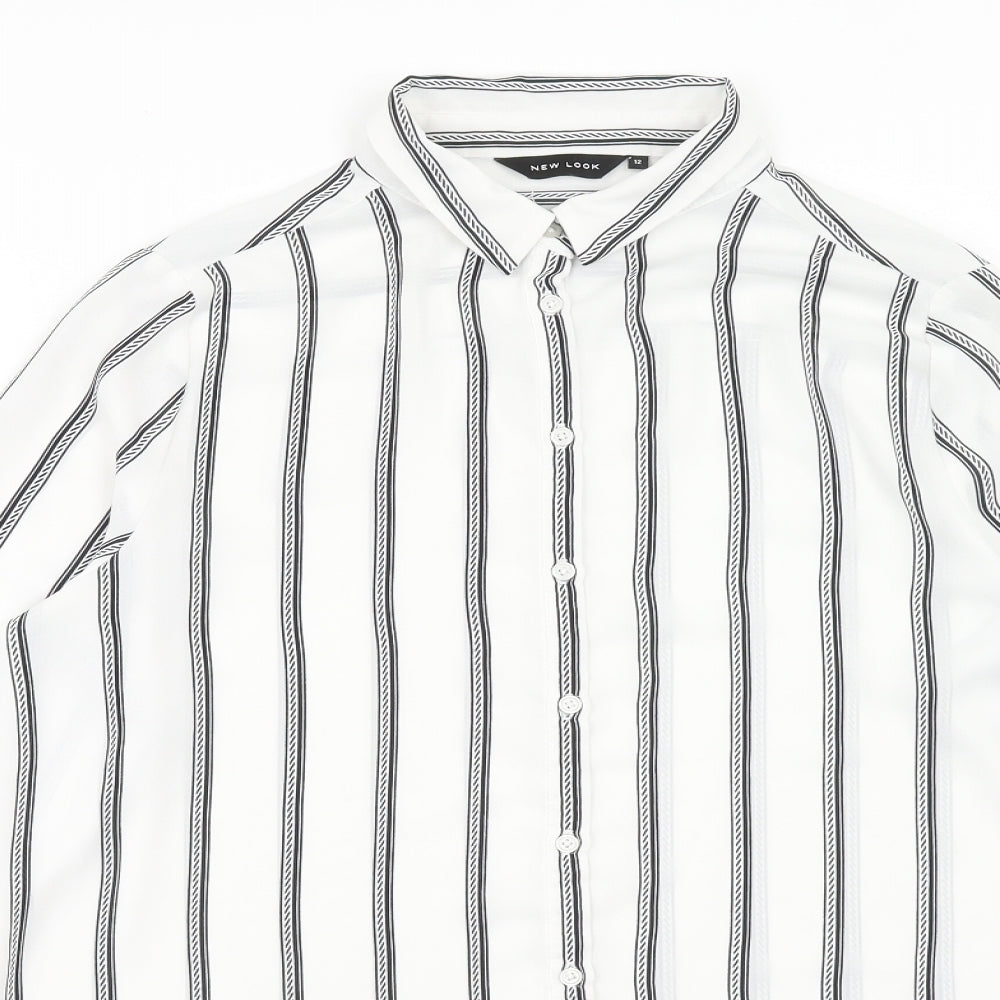 New Look Womens White Striped Polyester Basic Button-Up Size 12 Collared
