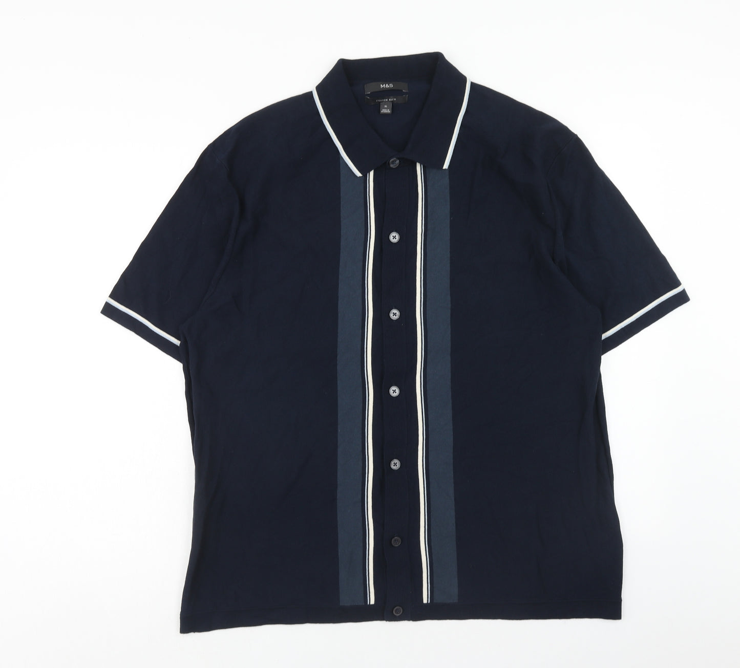 Marks and Spencer Mens Blue Cotton Polo Size XL Collared Button