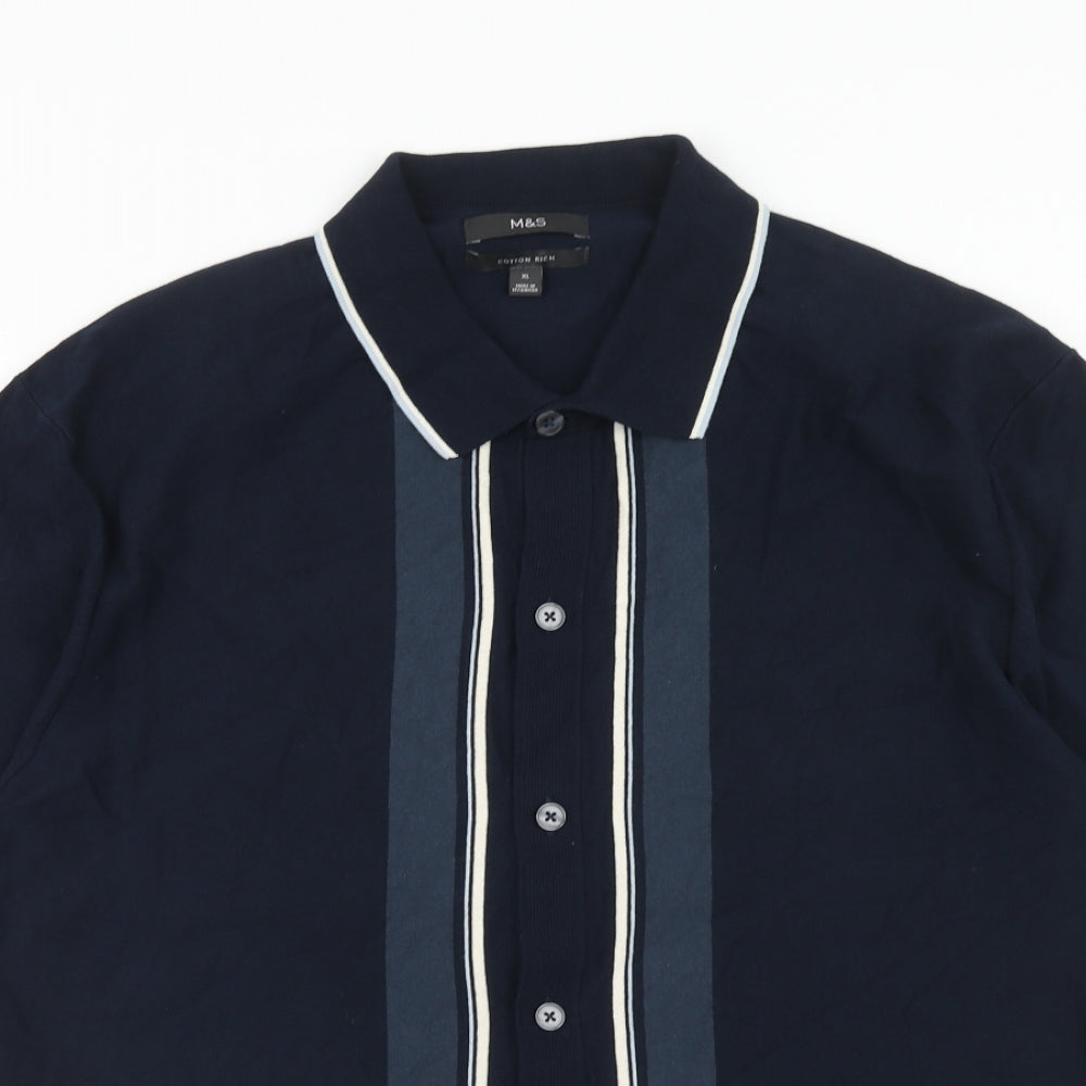 Marks and Spencer Mens Blue Cotton Polo Size XL Collared Button