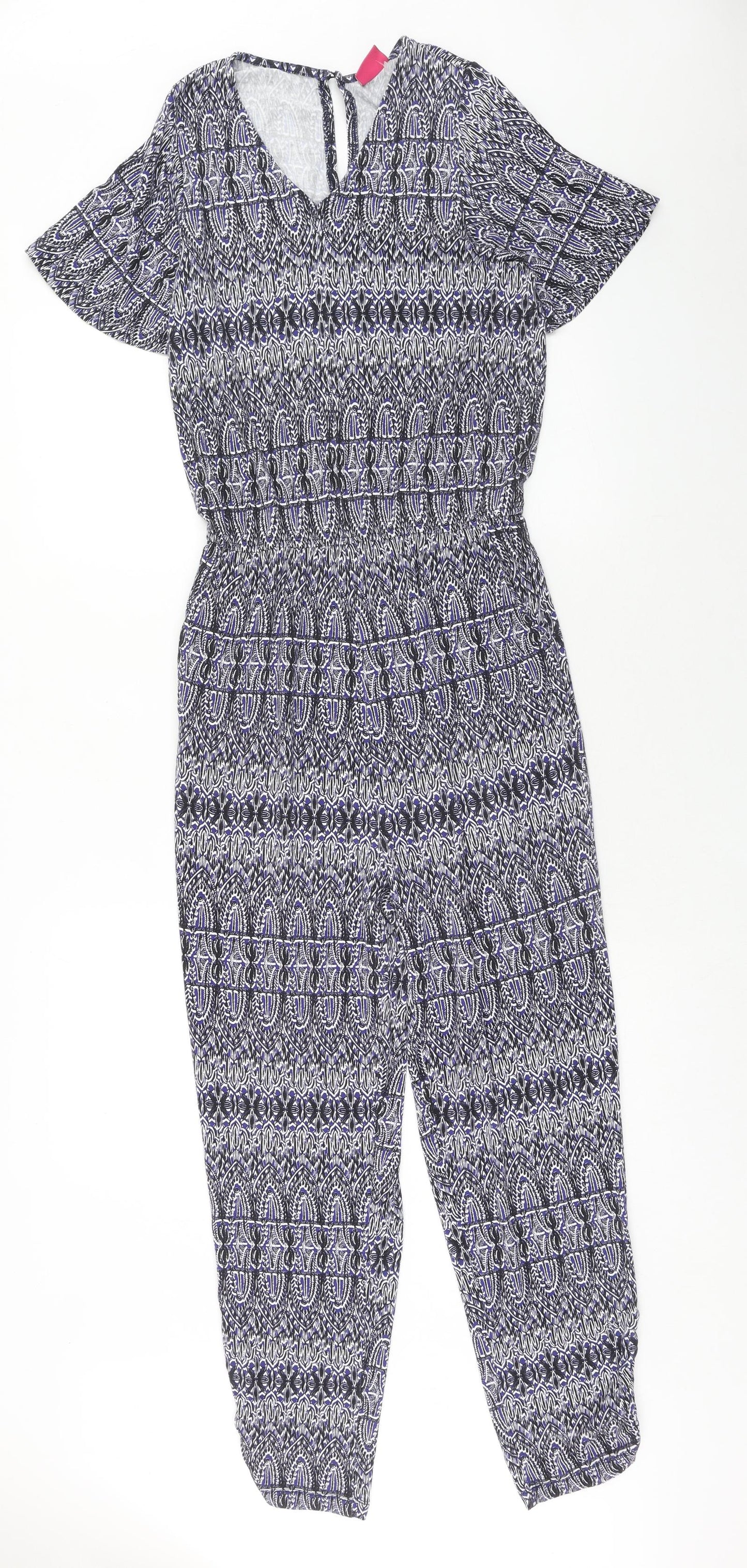 Together Womens Blue Geometric Viscose Jumpsuit One-Piece Size 10 Button