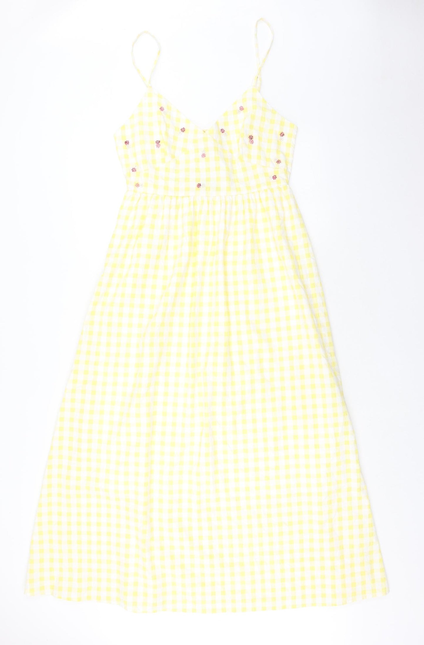 Zara Womens Yellow Check Cotton Slip Dress Size L V-Neck Tie - Flower Detail