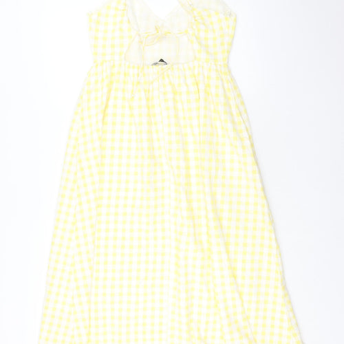 Zara Womens Yellow Check Cotton Slip Dress Size L V-Neck Tie - Flower Detail