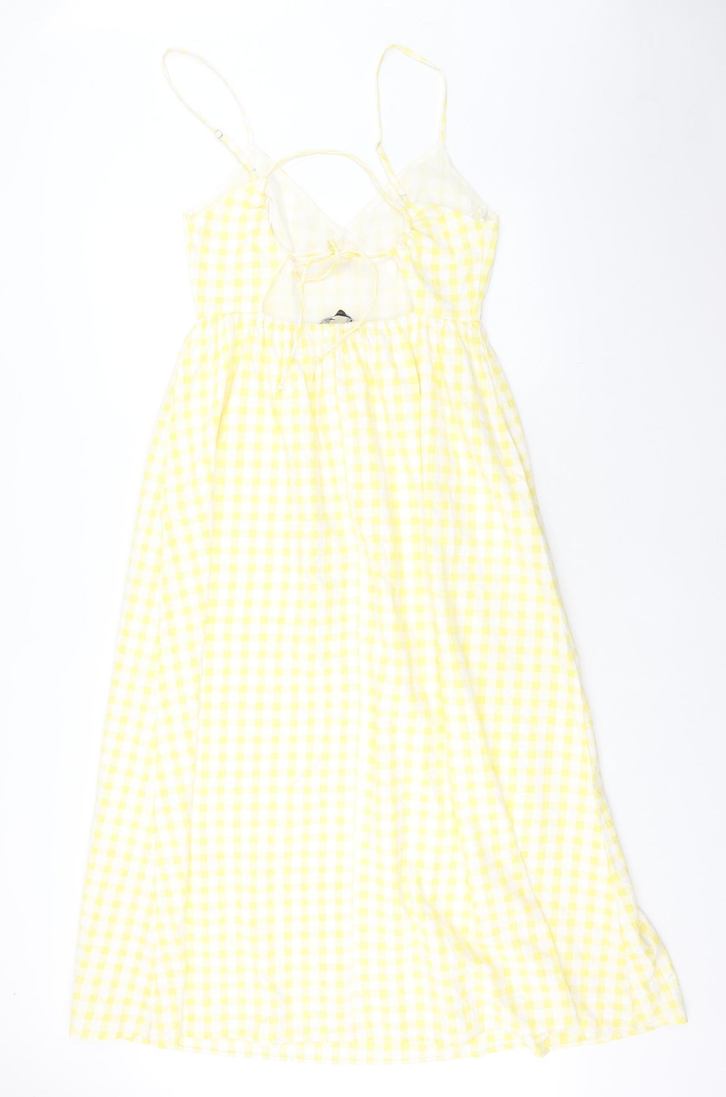 Zara Womens Yellow Check Cotton Slip Dress Size L V-Neck Tie - Flower Detail