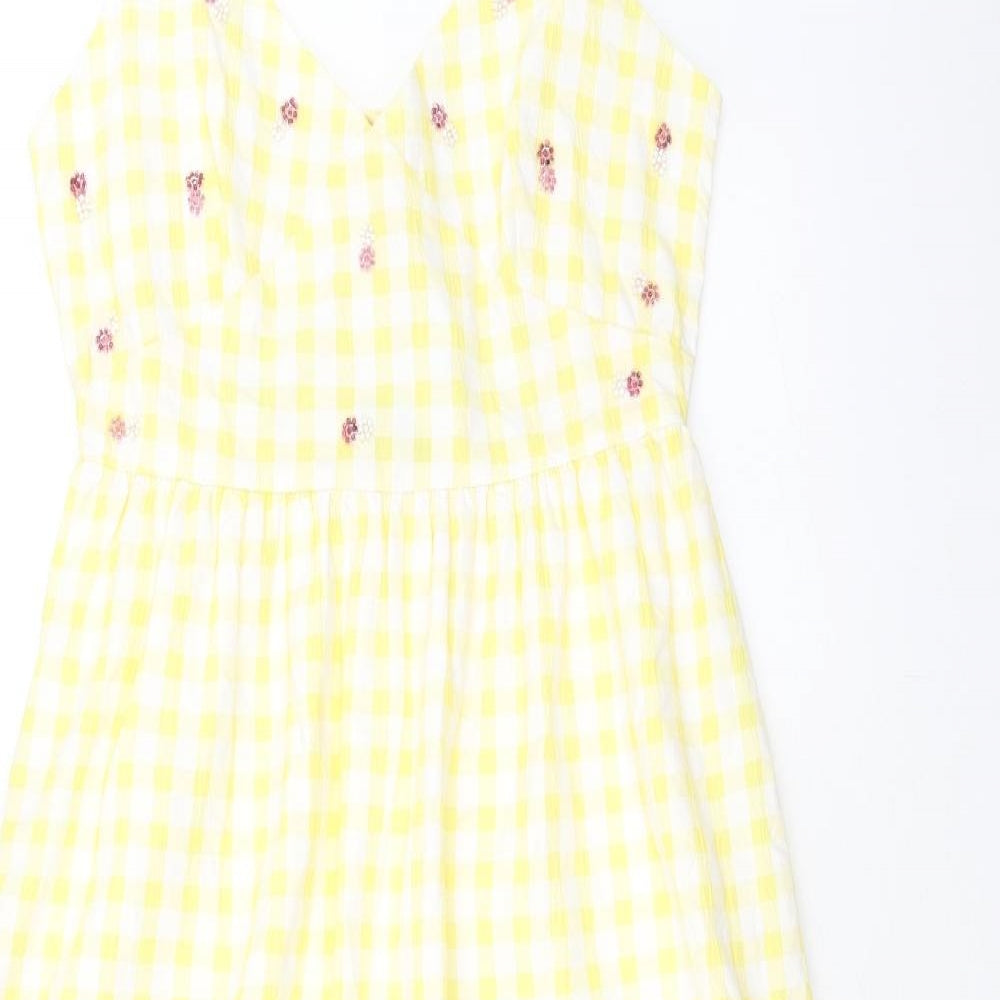 Zara Womens Yellow Check Cotton Slip Dress Size L V-Neck Tie - Flower Detail