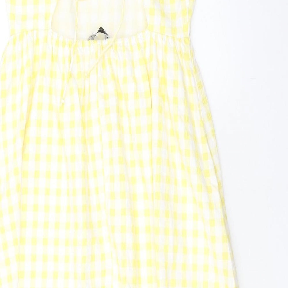 Zara Womens Yellow Check Cotton Slip Dress Size L V-Neck Tie - Flower Detail