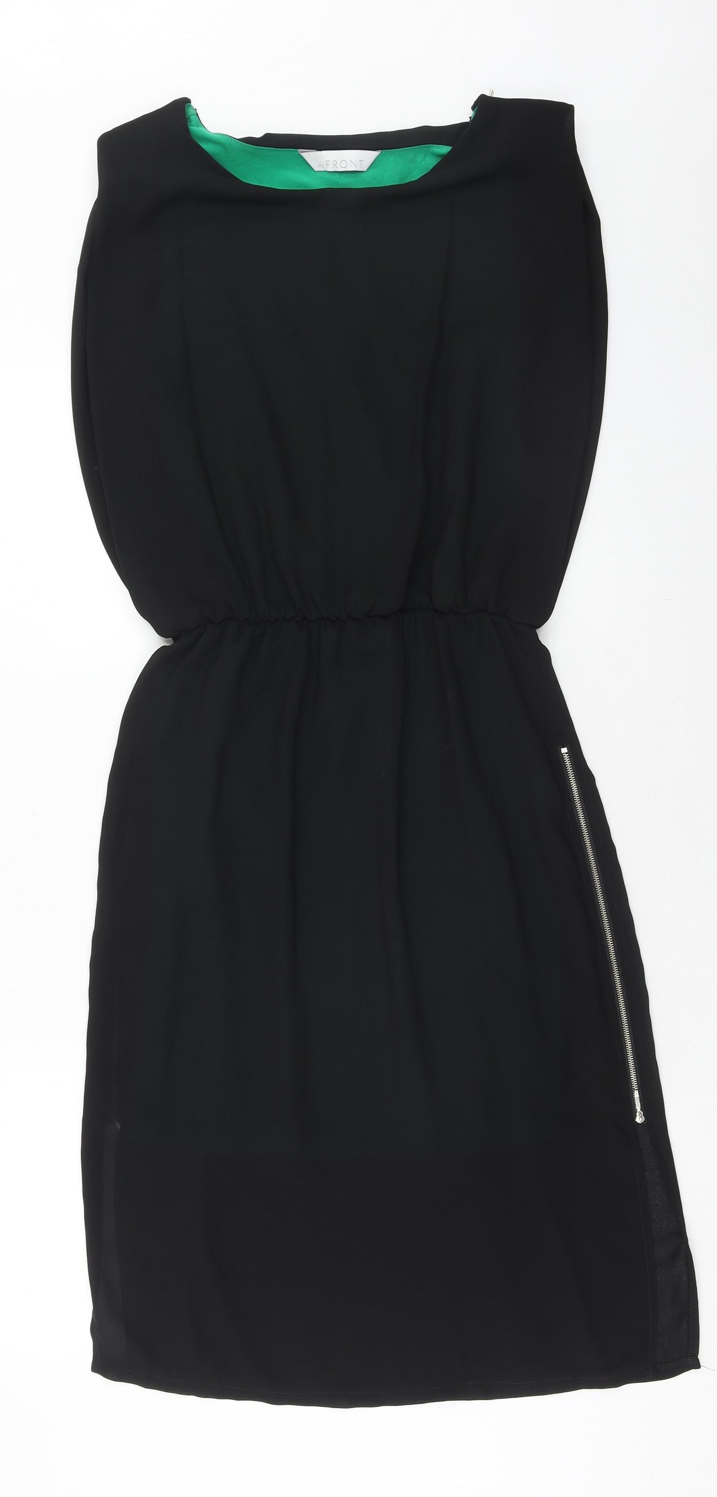 infront Womens Black Polyester A-Line Size S Boat Neck Zip