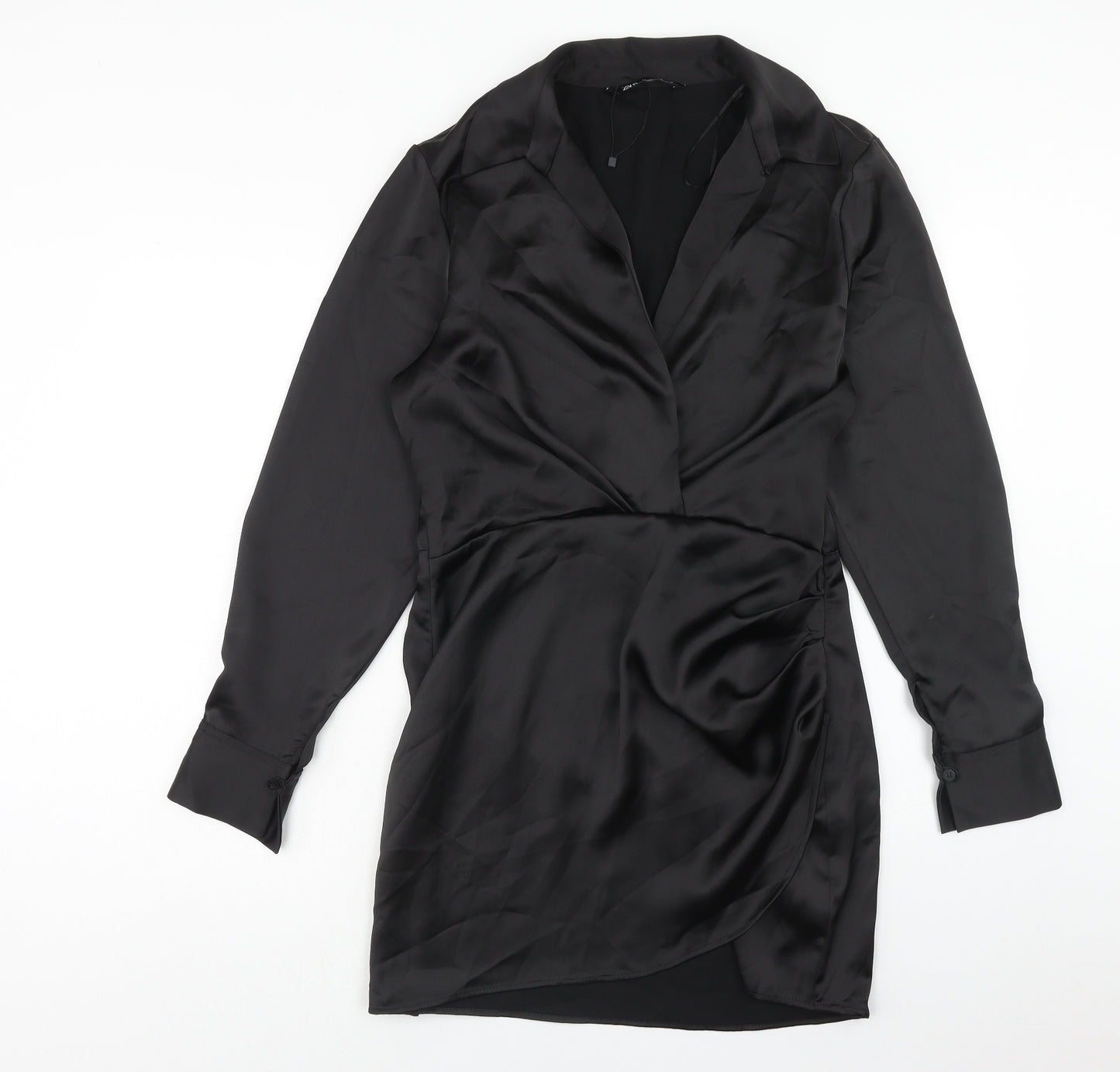 Zara Womens Black Viscose Shirt Dress Size L Collared Zip
