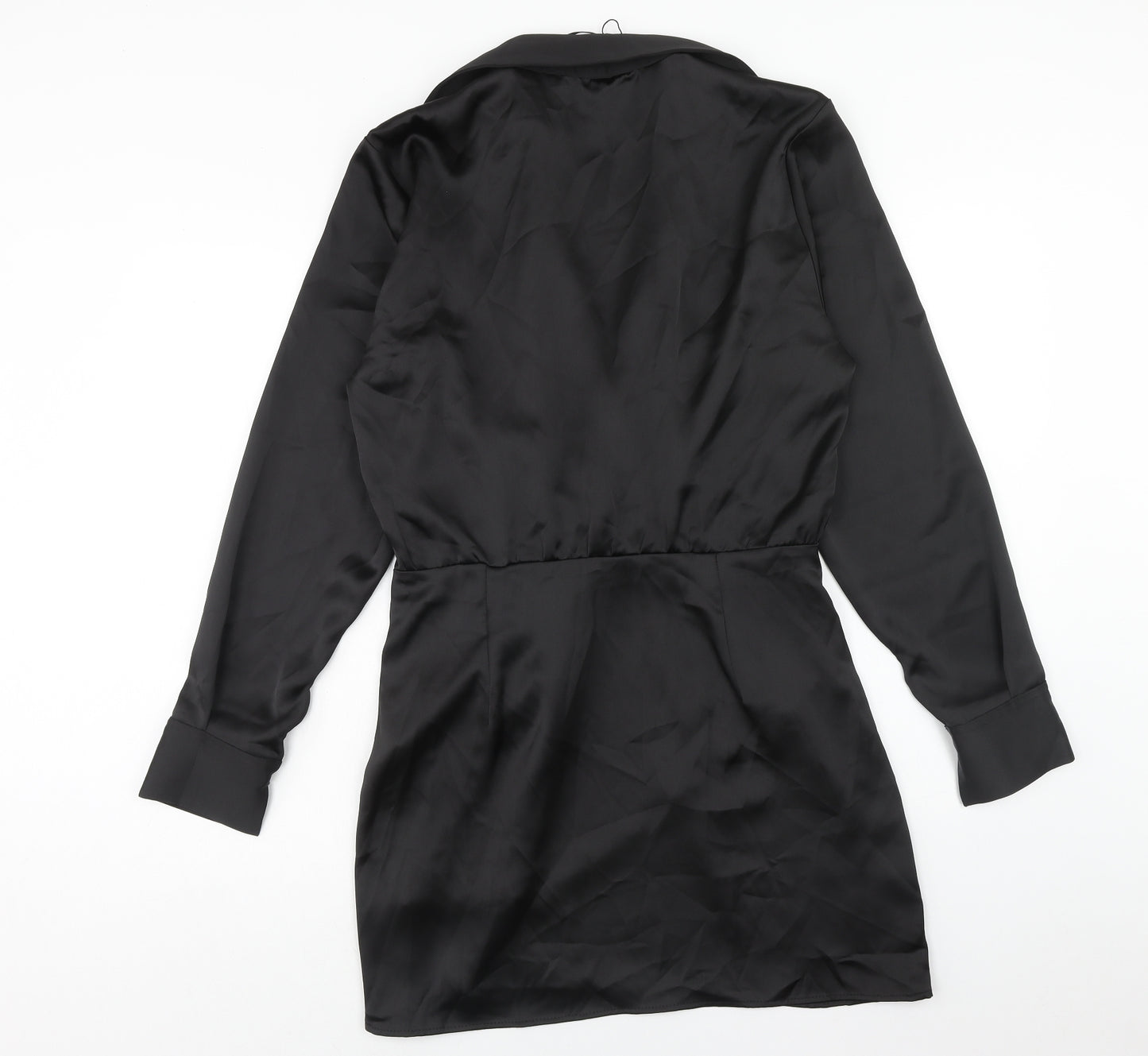 Zara Womens Black Viscose Shirt Dress Size L Collared Zip