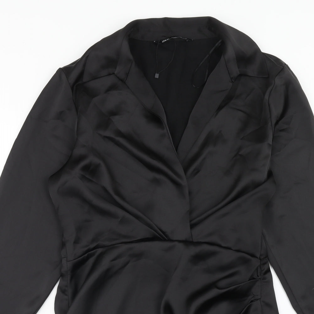 Zara Womens Black Viscose Shirt Dress Size L Collared Zip