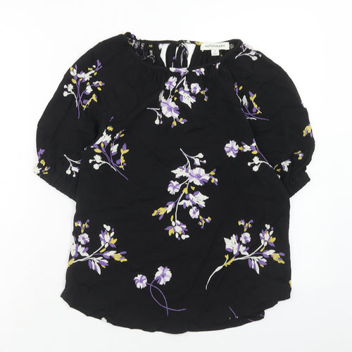 Autograph Womens Black Floral Viscose Basic Blouse Size 6 Boat Neck