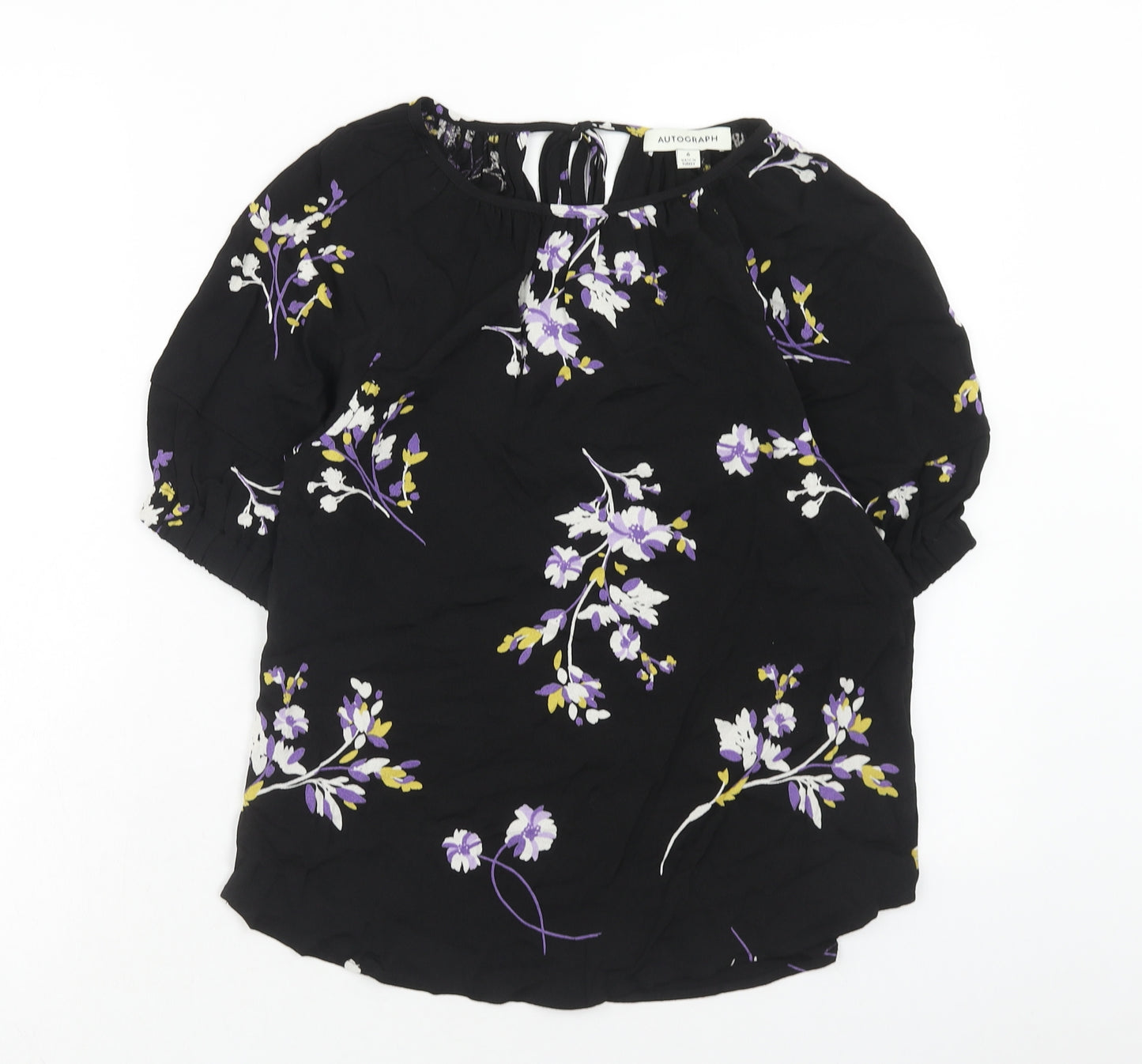 Autograph Womens Black Floral Viscose Basic Blouse Size 6 Boat Neck