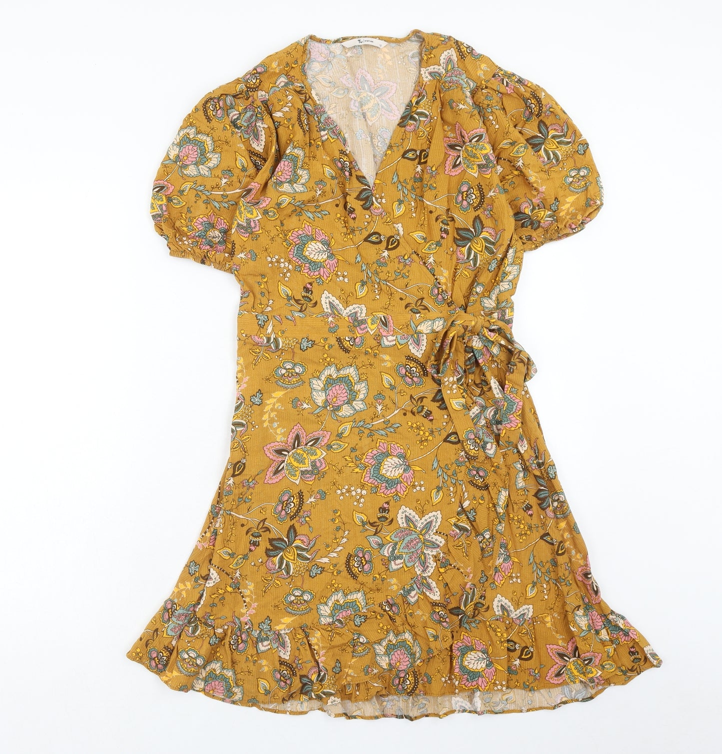 TU Womens Brown Floral Viscose Wrap Dress Size 12 V-Neck Tie