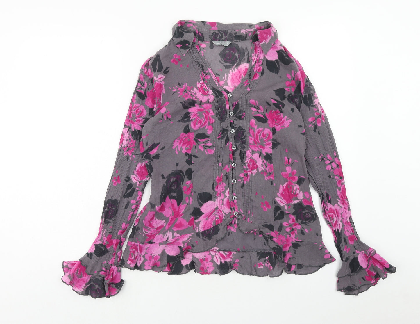 Per Una Womens Grey Floral Cotton Basic Button-Up Size 12 Collared