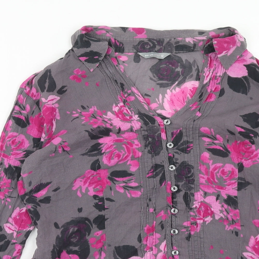 Per Una Womens Grey Floral Cotton Basic Button-Up Size 12 Collared