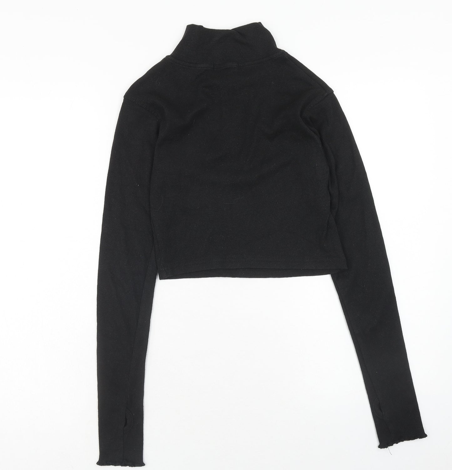 PRETTYLITTLETHING Womens Black Camel Cropped Blouse Size M High Neck - Ribbed