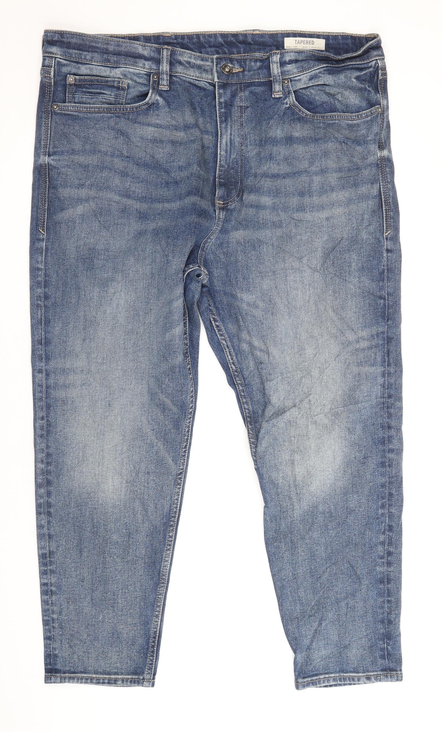 Marks and Spencer Mens Blue Cotton Tapered Jeans Size 38 in Regular Zip - Short Length