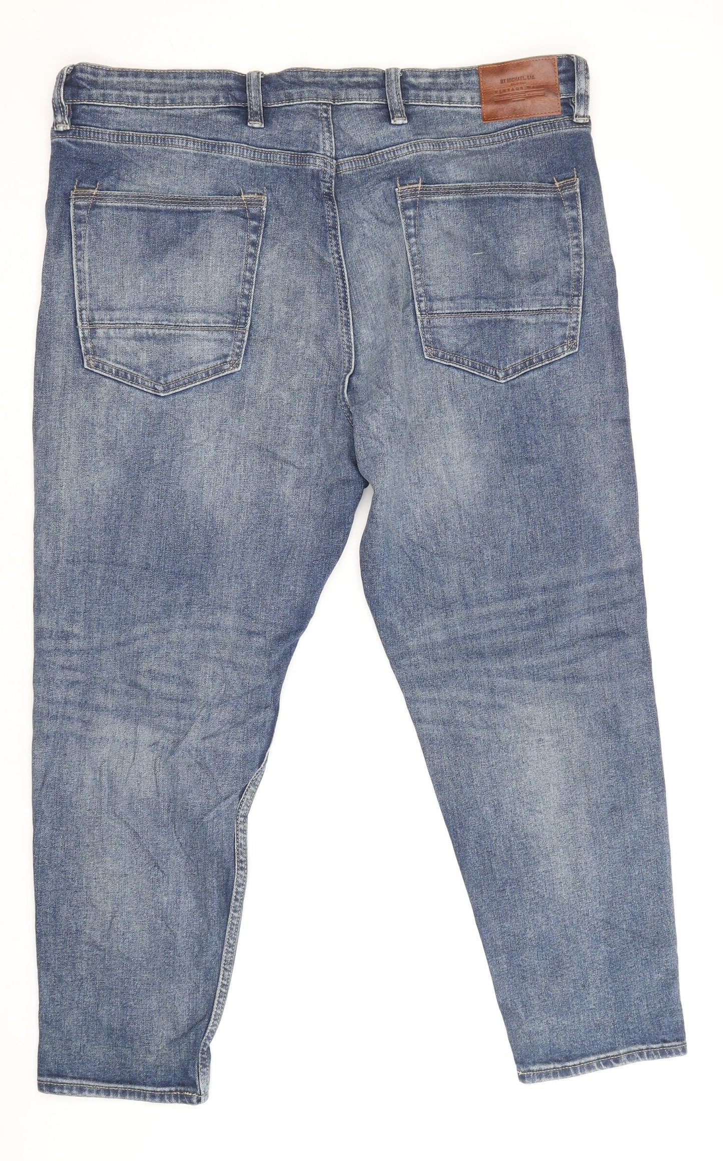 Marks and Spencer Mens Blue Cotton Tapered Jeans Size 38 in Regular Zip - Short Length