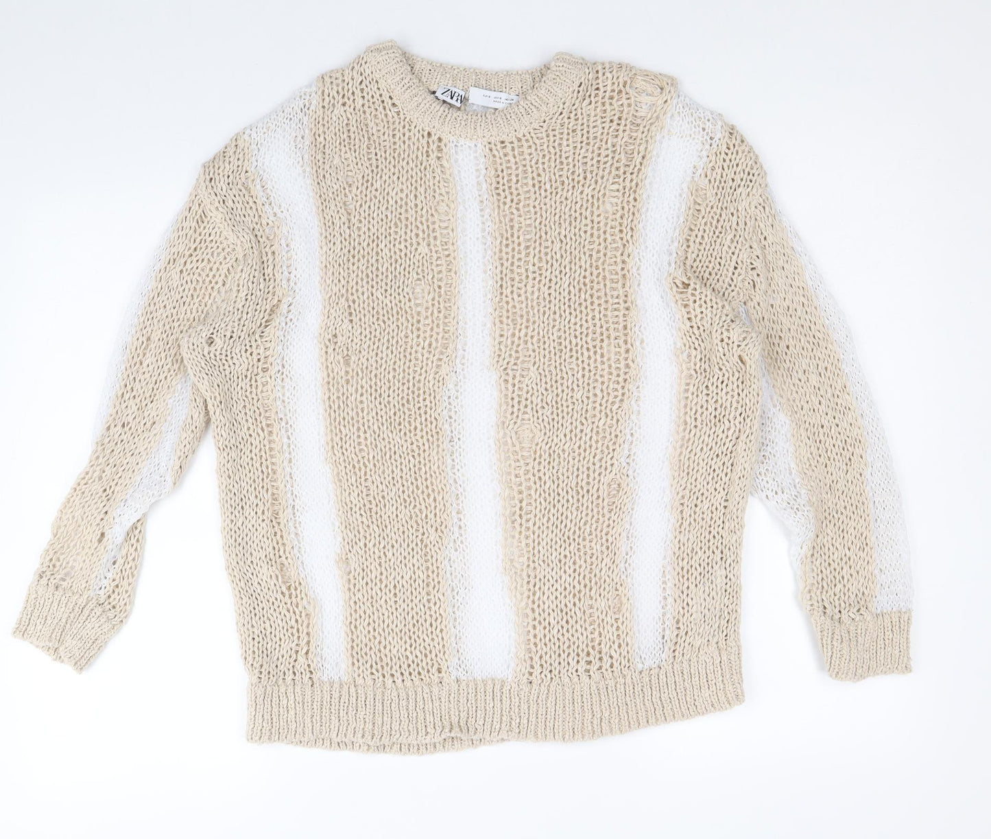 Zara Womens Beige Round Neck Striped Polyester Pullover Jumper Size S