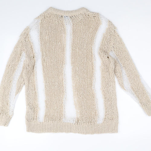 Zara Womens Beige Round Neck Striped Polyester Pullover Jumper Size S