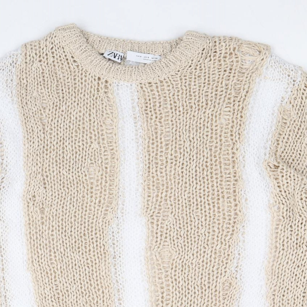 Zara Womens Beige Round Neck Striped Polyester Pullover Jumper Size S