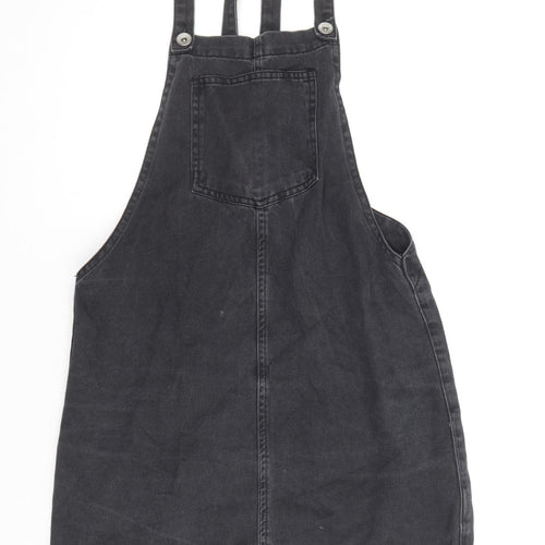New Look Womens Black 100% Cotton Pinafore/Dungaree Dress Size 6 Square Neck Button