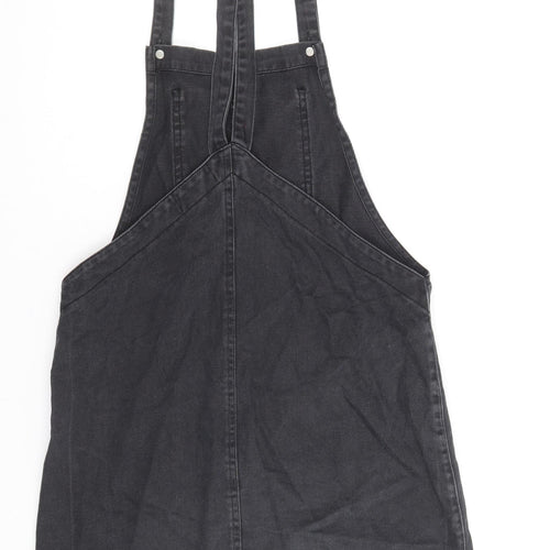 New Look Womens Black 100% Cotton Pinafore/Dungaree Dress Size 6 Square Neck Button