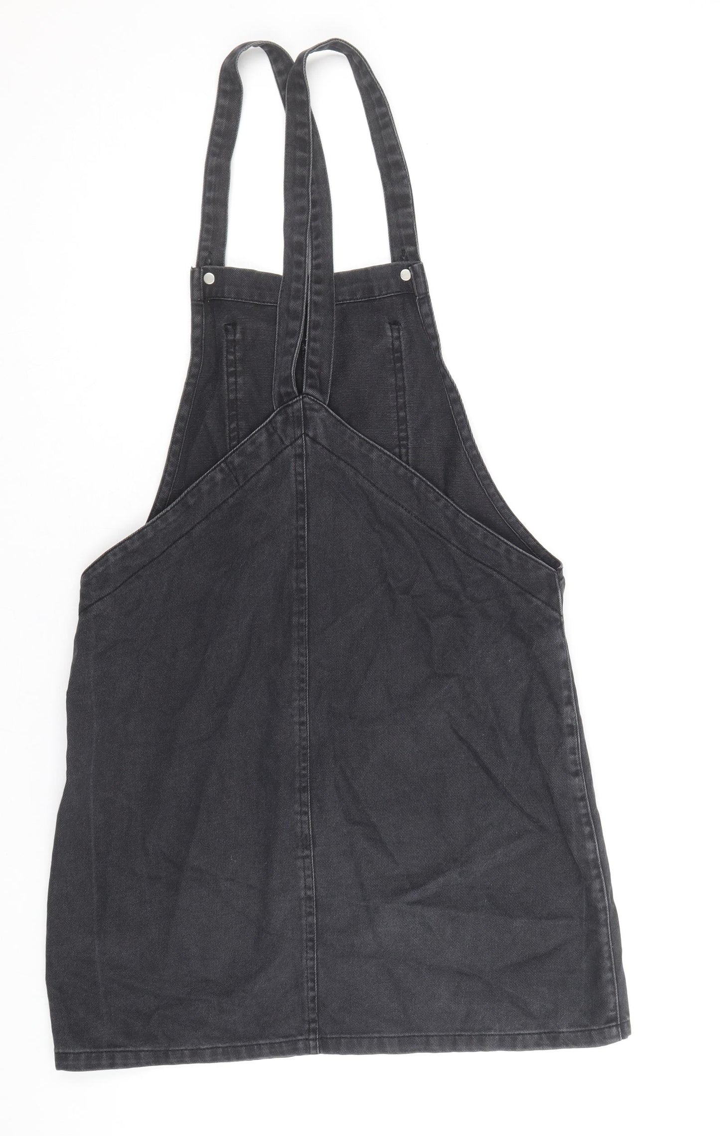 New Look Womens Black 100% Cotton Pinafore/Dungaree Dress Size 6 Square Neck Button