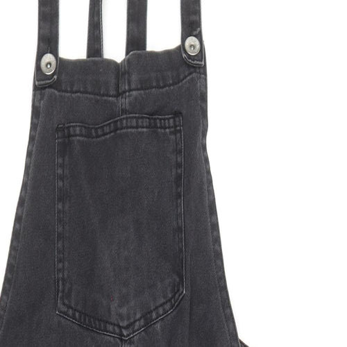 New Look Womens Black 100% Cotton Pinafore/Dungaree Dress Size 6 Square Neck Button