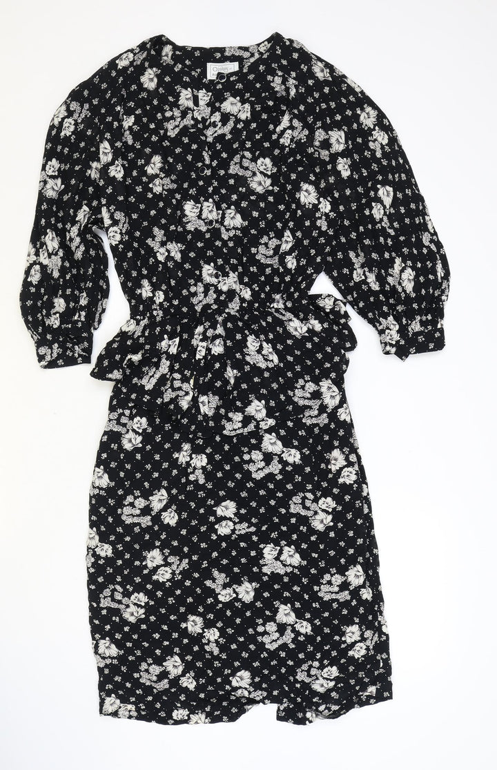 Options at Austiun Reed Womens Black Floral Viscose Pencil Dress Size 12 Round Neck Button - Peplum