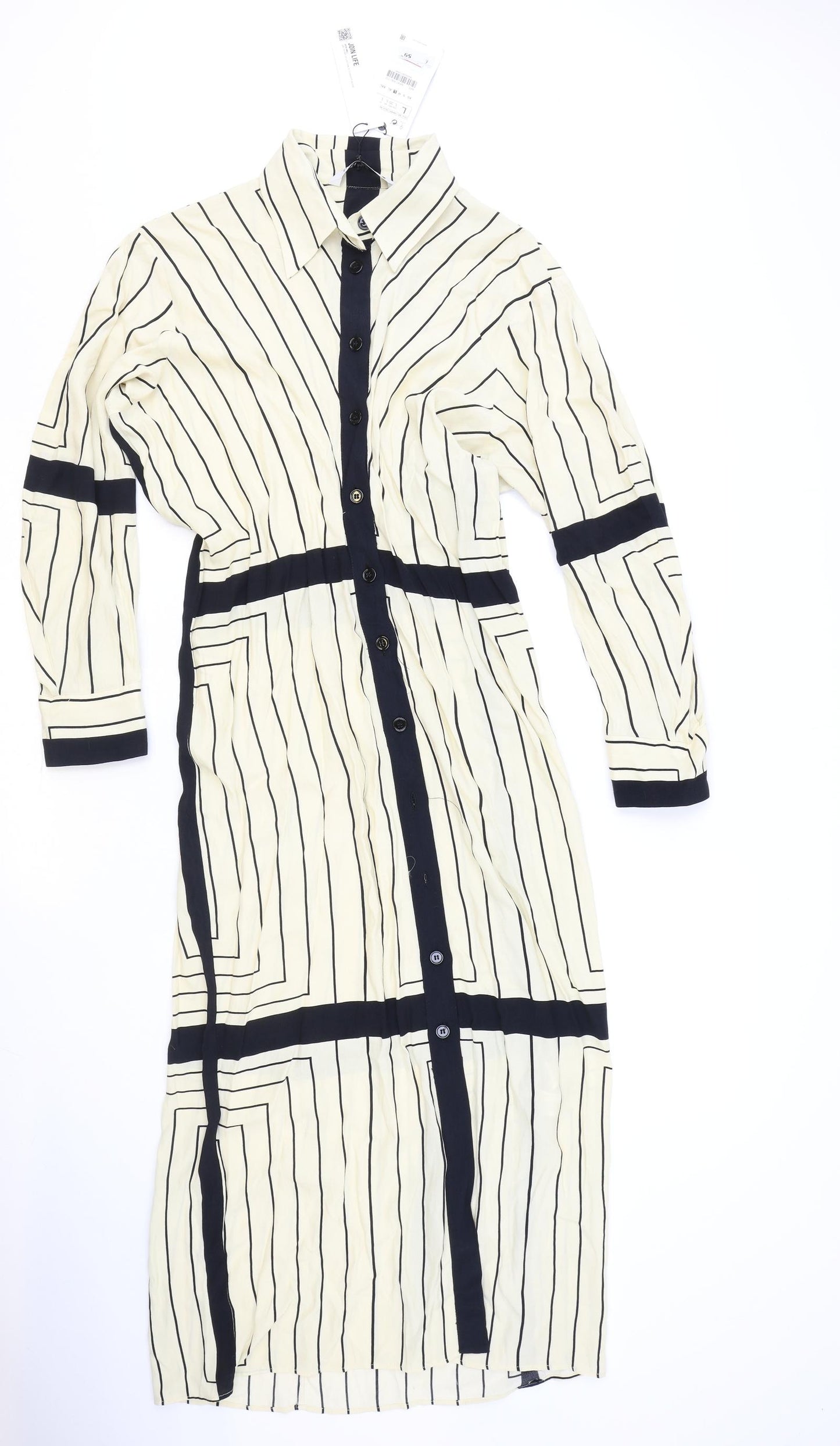 Zara Womens Beige Striped Viscose Shirt Dress Size L Collared Button