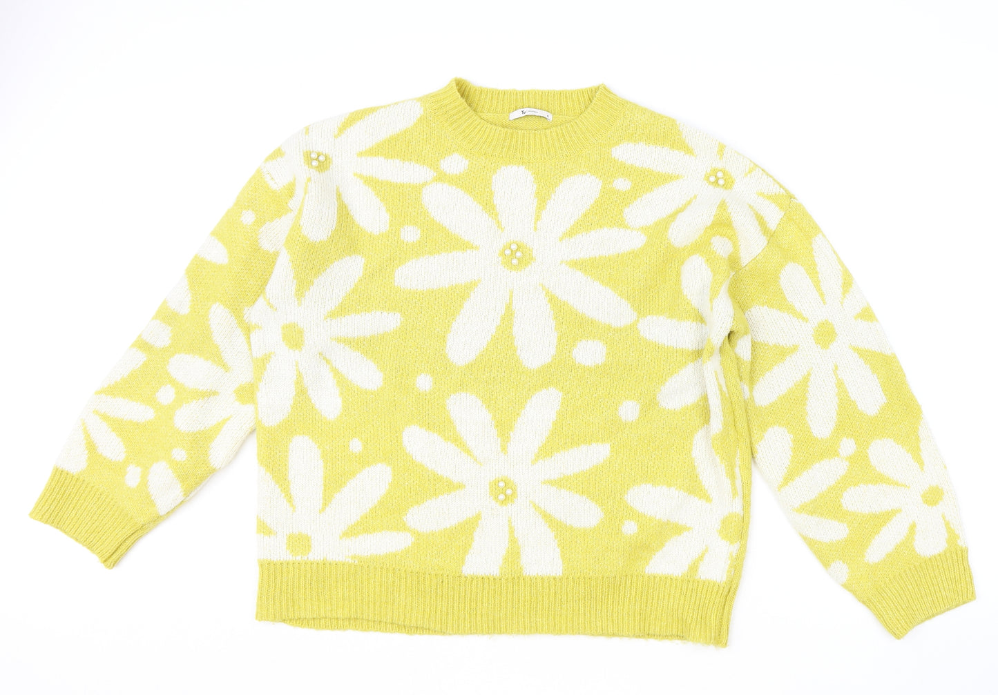 TU Womens Yellow Round Neck Floral Acrylic Pullover Jumper Size 16