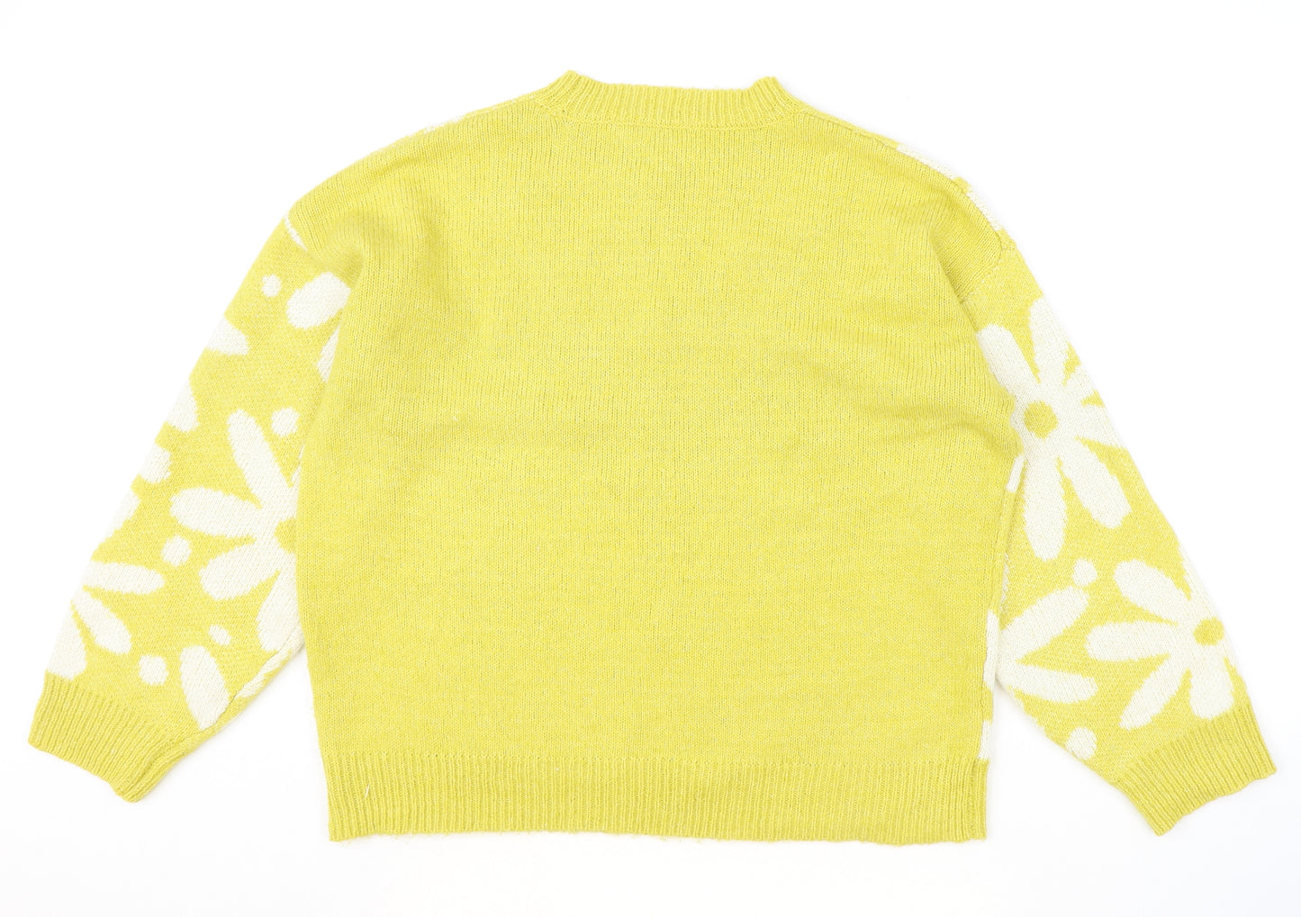 TU Womens Yellow Round Neck Floral Acrylic Pullover Jumper Size 16