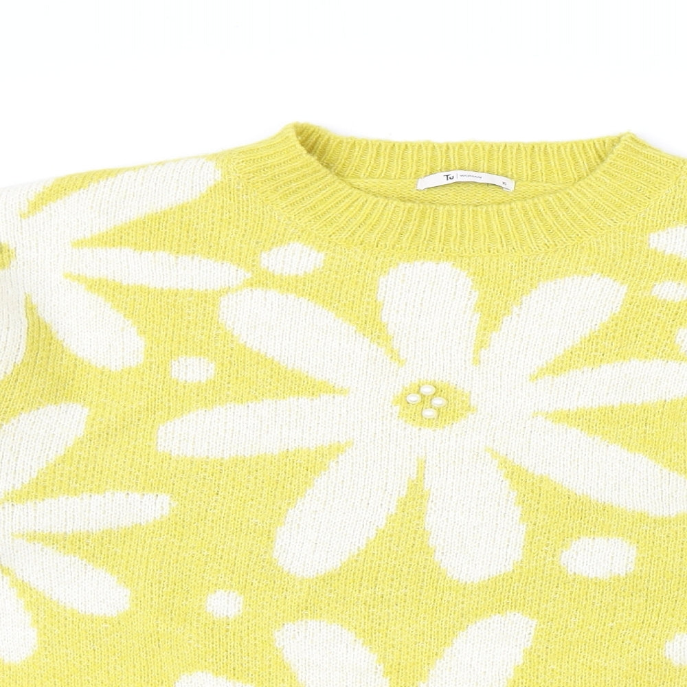 TU Womens Yellow Round Neck Floral Acrylic Pullover Jumper Size 16