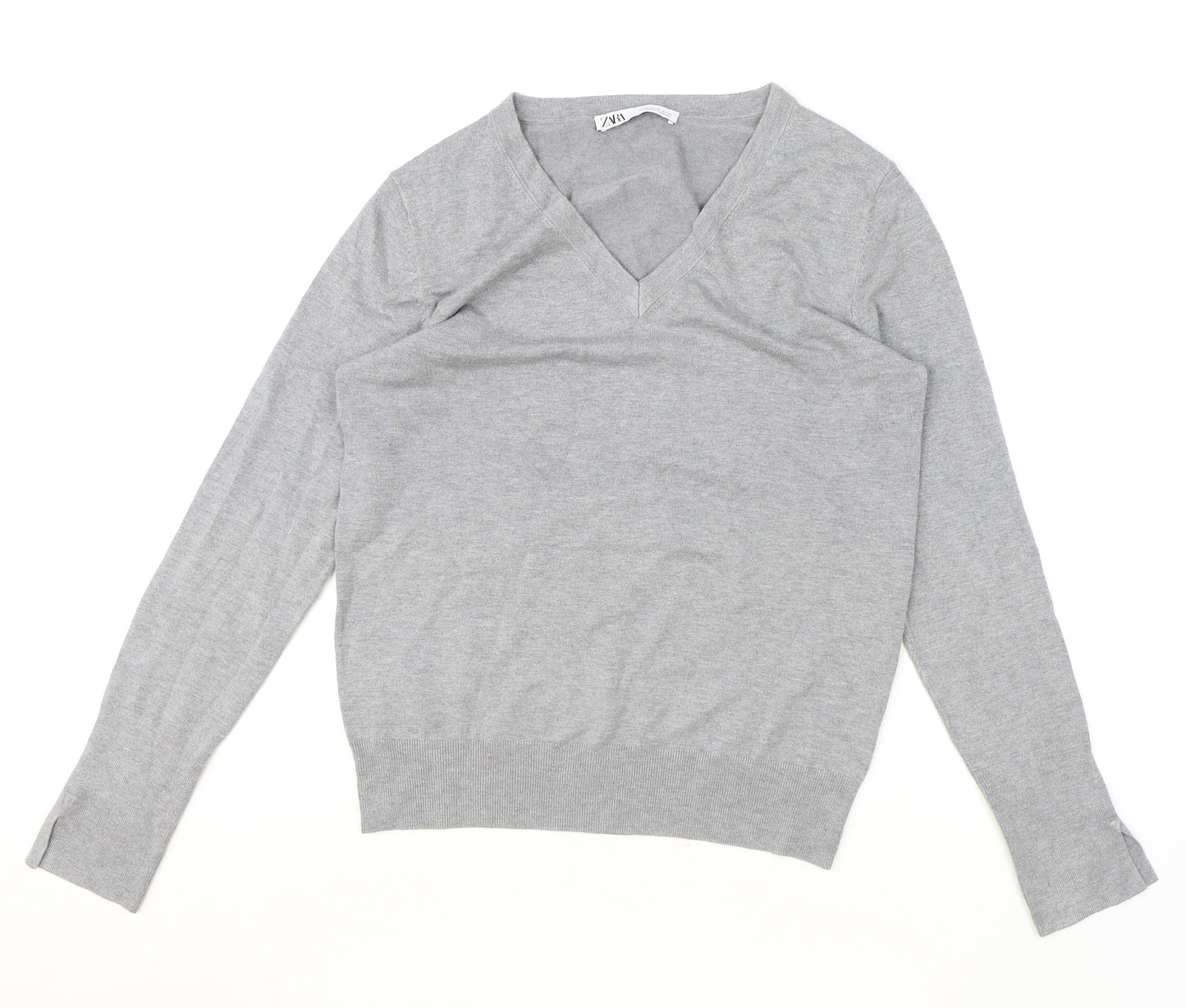 Zara Womens Grey V-Neck Acrylic Pullover Jumper Size XL