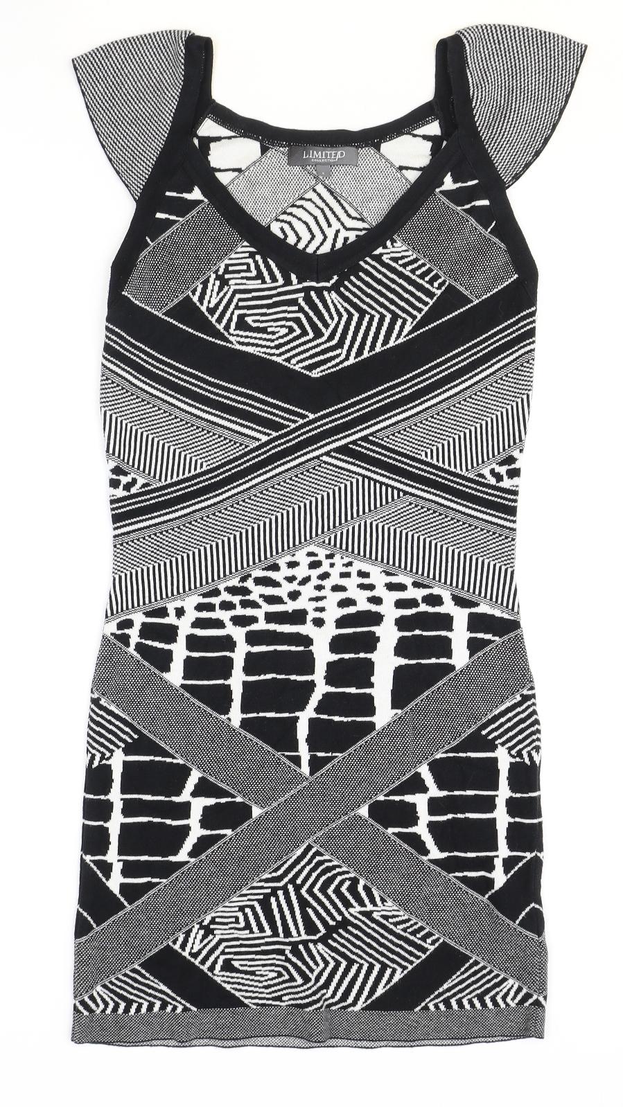 Marks and Spencer Womens Black Geometric Acrylic A-Line Size 8 V-Neck Pullover
