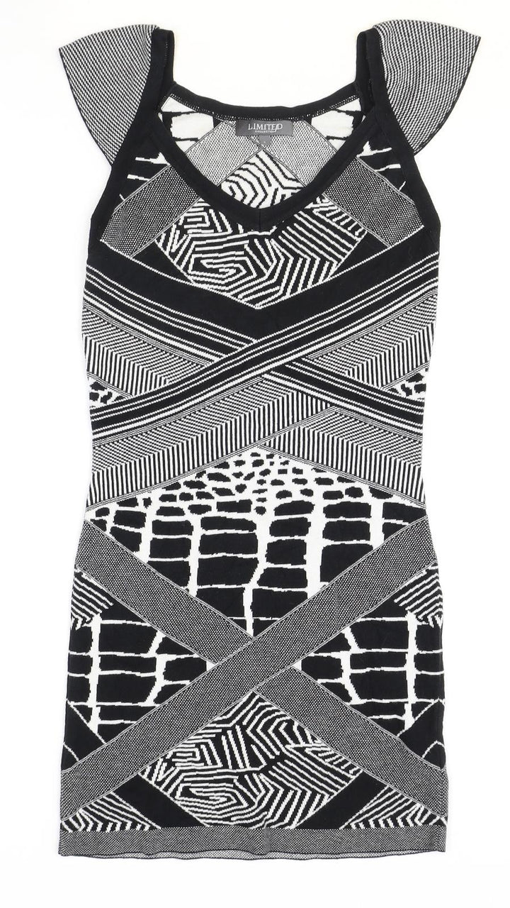 Marks and Spencer Womens Black Geometric Acrylic A-Line Size 8 V-Neck Pullover