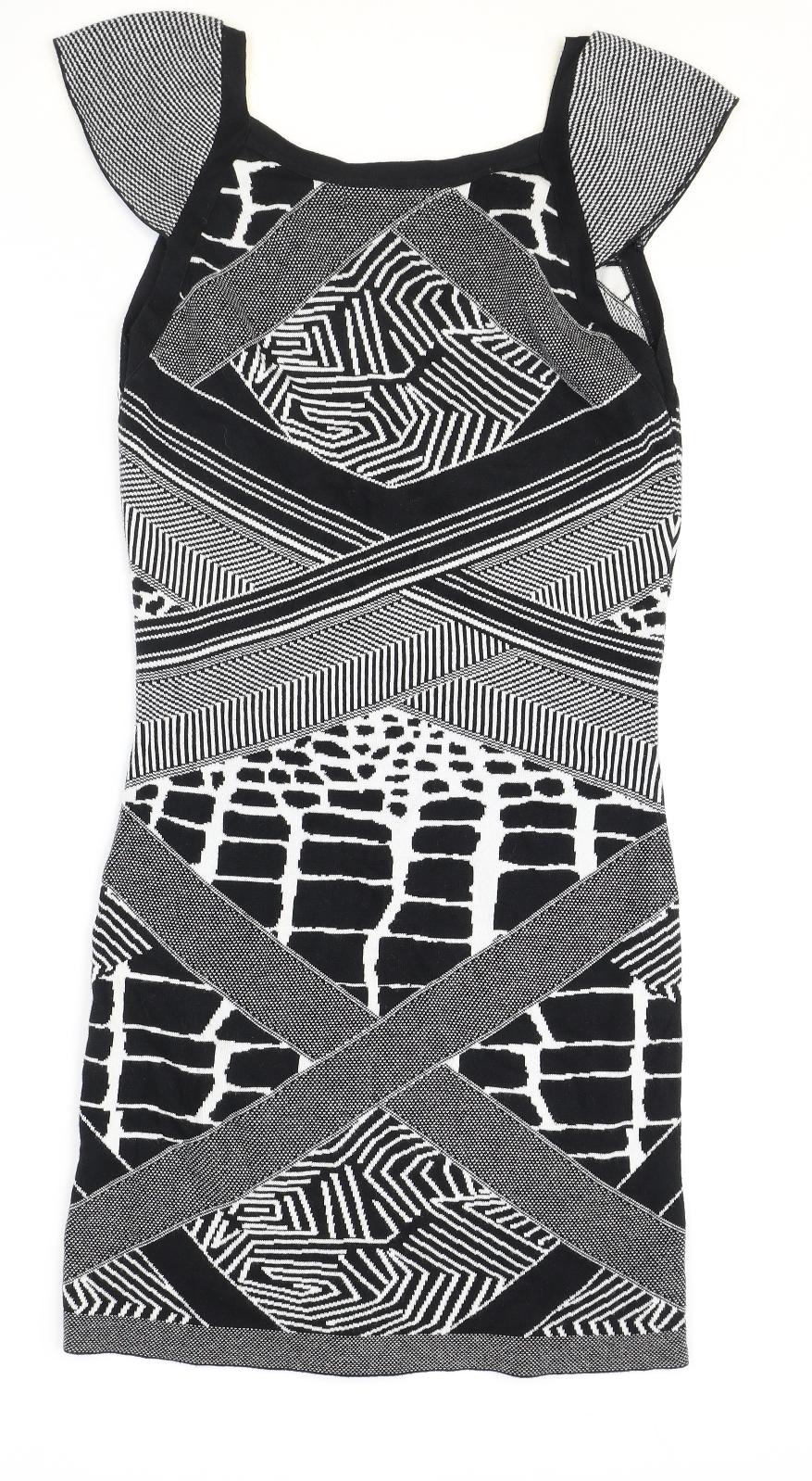 Marks and Spencer Womens Black Geometric Acrylic A-Line Size 8 V-Neck Pullover
